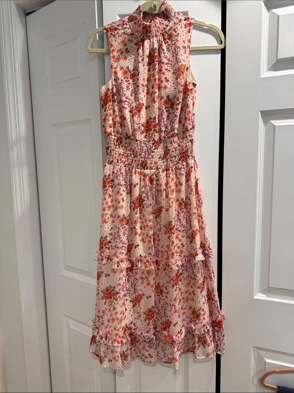 1. State Sleeveless Floral tiered Midi Dress in Cream with Pink & Orange Flowers